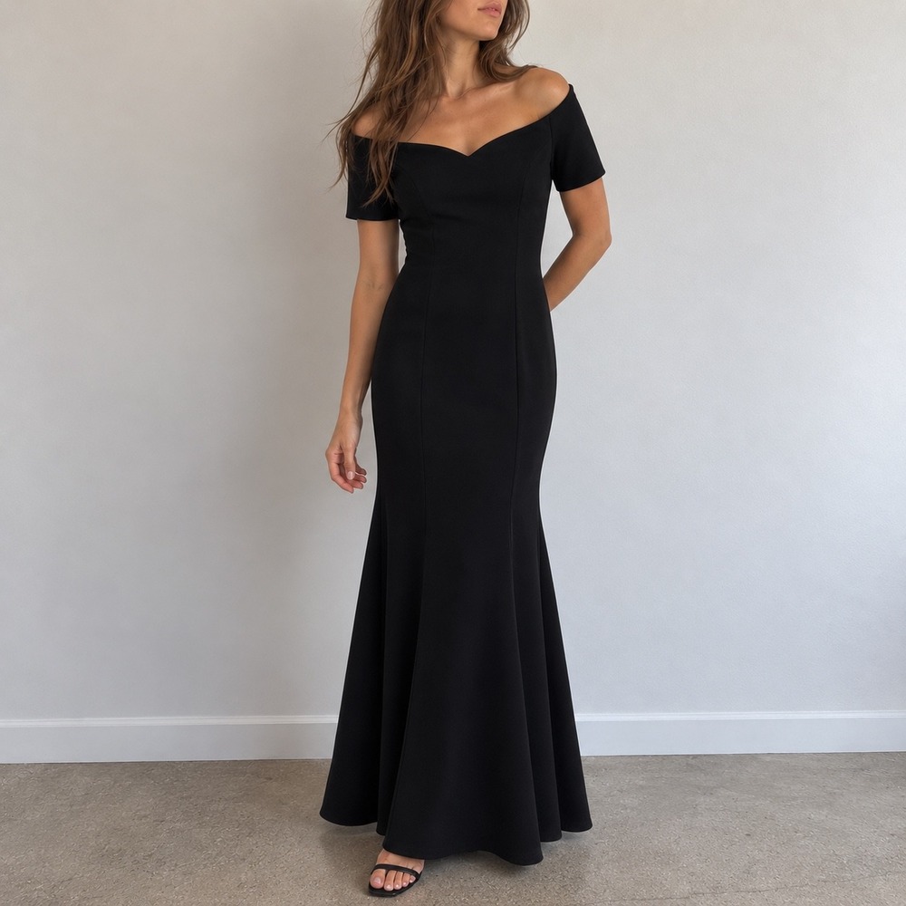 Marina Black Off Shoulder Mermaid Trumpet Gown Short Sleeve Medium Formal